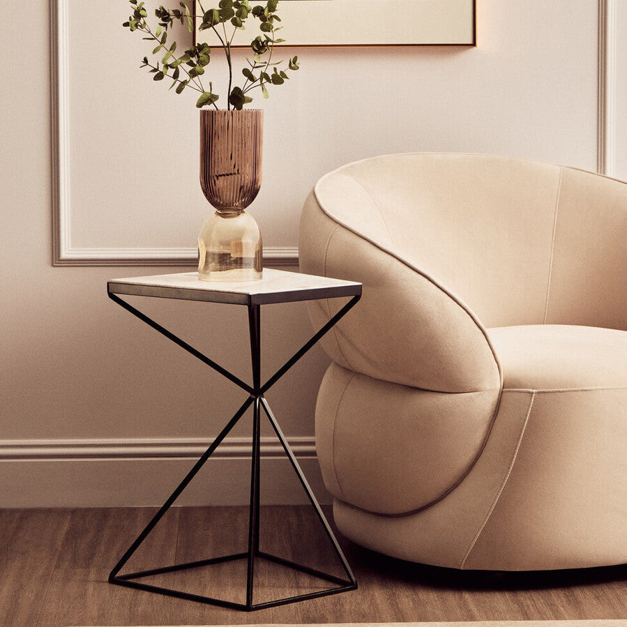 Natural Marble Top Trapezoid Side Table with Matte Black Iron Legs, Shalimar