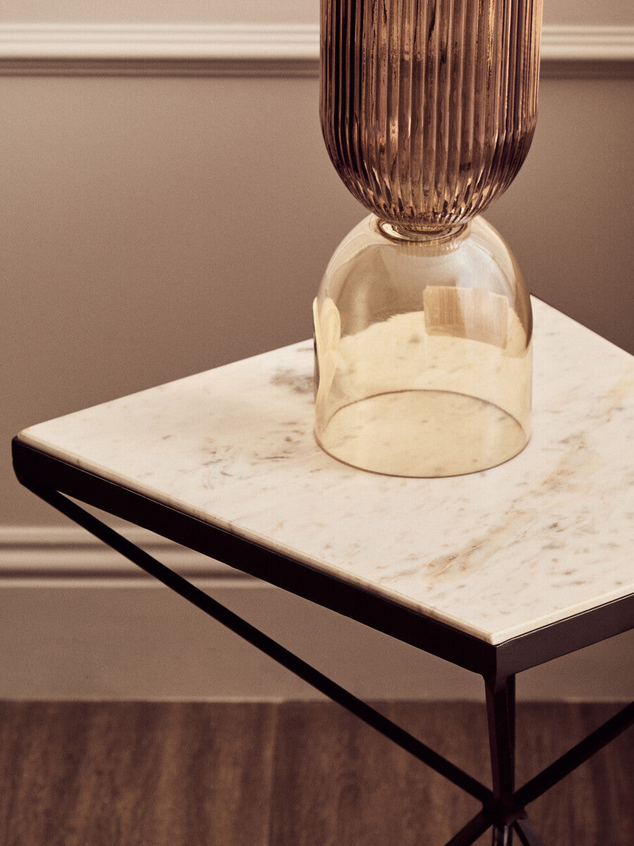 Natural Marble Top Trapezoid Side Table with Matte Black Iron Legs, Shalimar