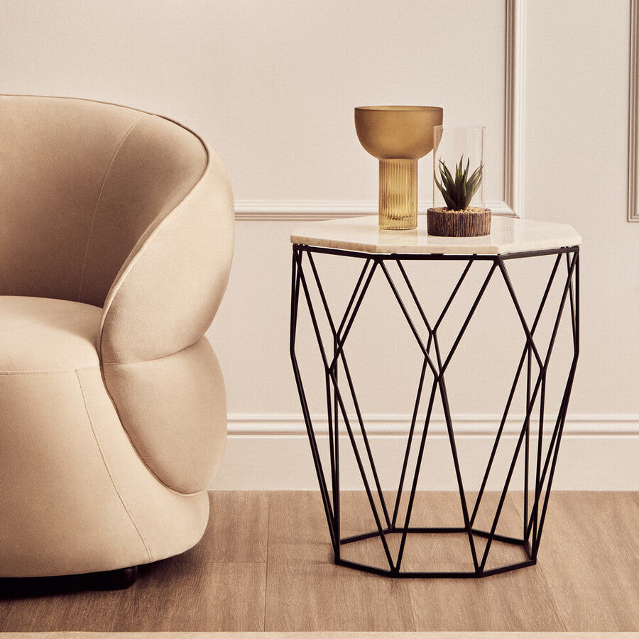 Shalimar White Marble Octagonal Side Table with Black Finish Base