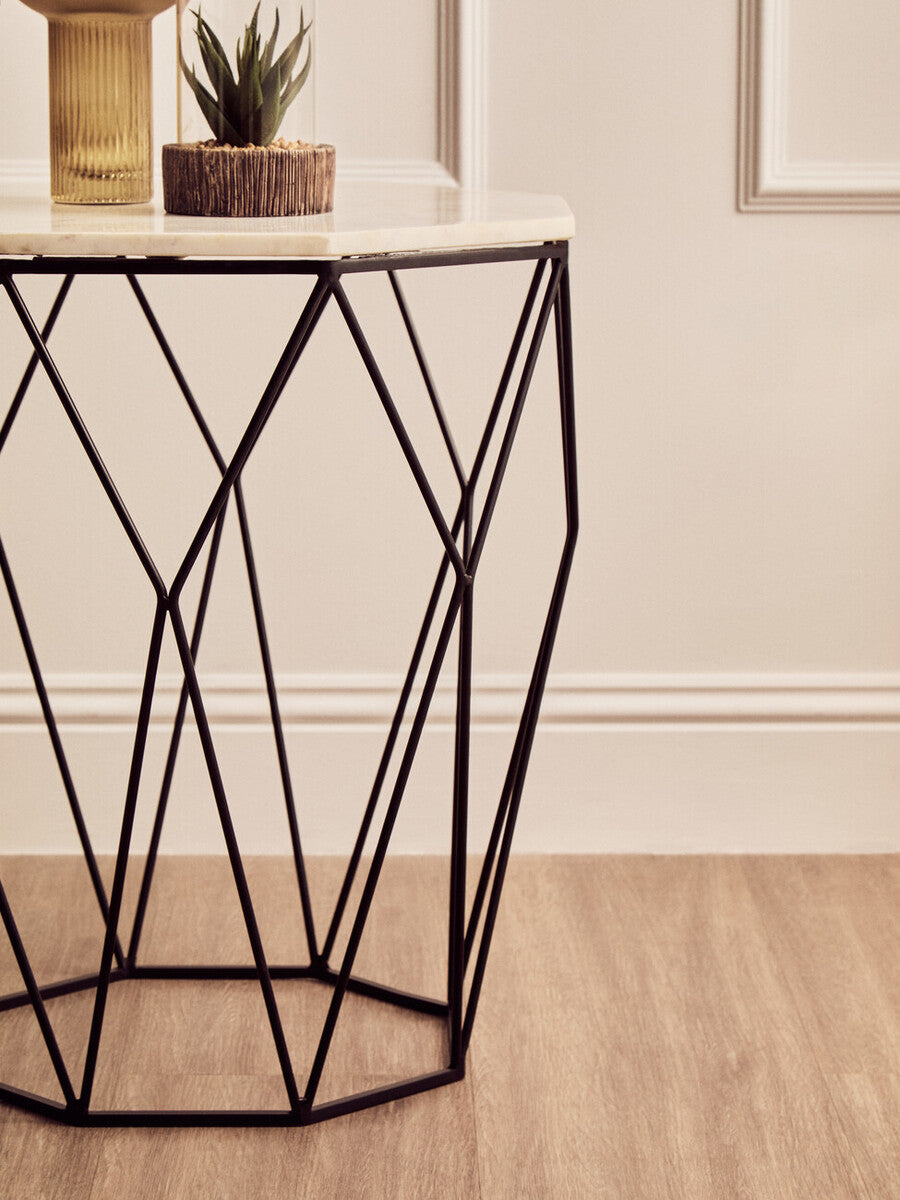 Shalimar White Marble Octagonal Side Table with Black Finish Base