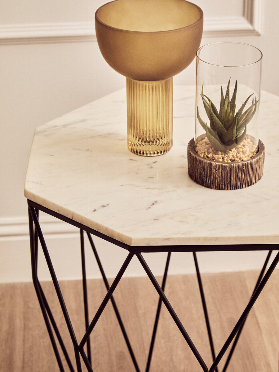 Shalimar White Marble Octagonal Side Table with Black Finish Base