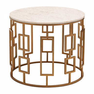 White Marble Top Side Table with Gold Finish Geometric Carousel Frame, Shalimar