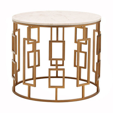 White Marble Top Side Table with Gold Finish Geometric Carousel Frame, Shalimar