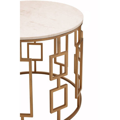 White Marble Top Side Table with Gold Finish Geometric Carousel Frame, Shalimar