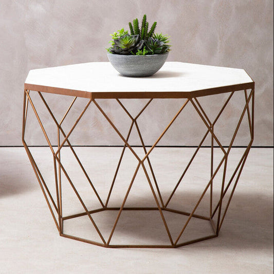 White Octagon Marble Top Coffee Table with Gold Metal Frame, Shalimar