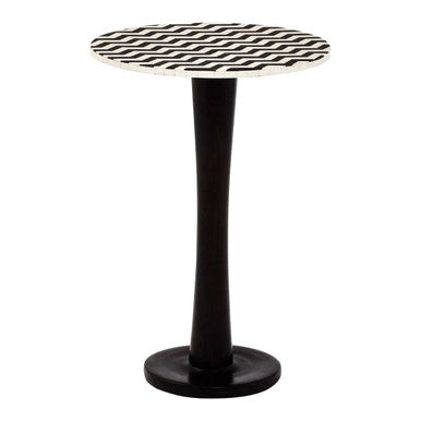 White and Black Two-Tone Geometric Acacia Wood Bar Table with Black Iron Pedestal Base, Artisan