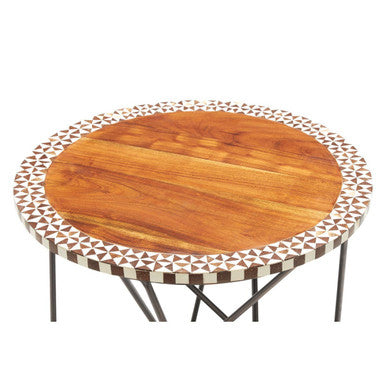 Natural Geometric Acacia Wood Round Side Table with Black Metal Legs, Artisan