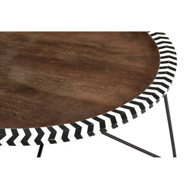 Natural Acacia Wood Coffee Table with Chevron Trim and Black Iron Hairpin Legs, Artisan