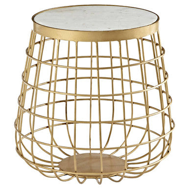 White Marble Top Side Table with Gold Brass Finish Latticed Metal Base, Nirav