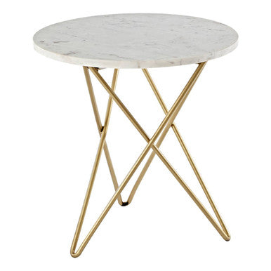 White Marble Top Side Table with Gold Geometric Hairpin Legs, Nirav