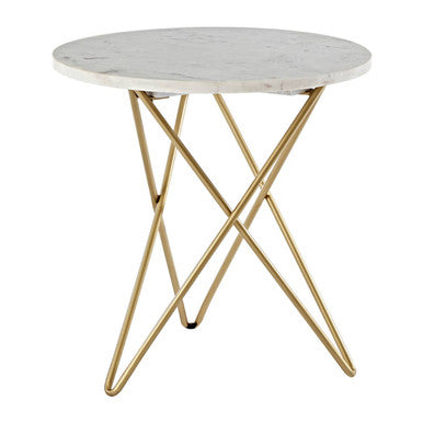 White Marble Top Side Table with Gold Geometric Hairpin Legs, Nirav