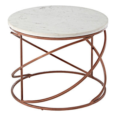 White Veined Marble Round Coffee Table with Copper Tone Zig Zag Iron Frame, Nirav