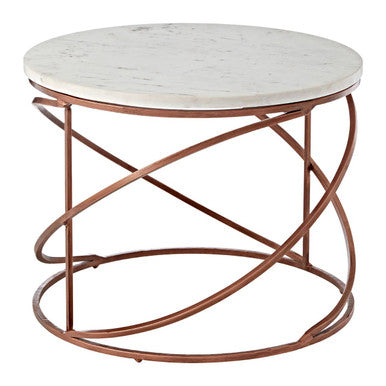 White Veined Marble Round Coffee Table with Copper Tone Zig Zag Iron Frame, Nirav