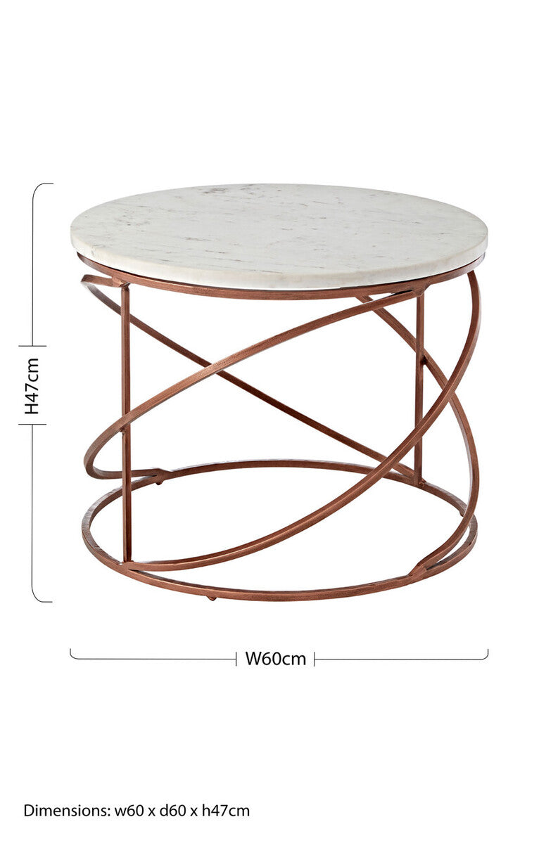 White Veined Marble Round Coffee Table with Copper Tone Zig Zag Iron Frame, Nirav