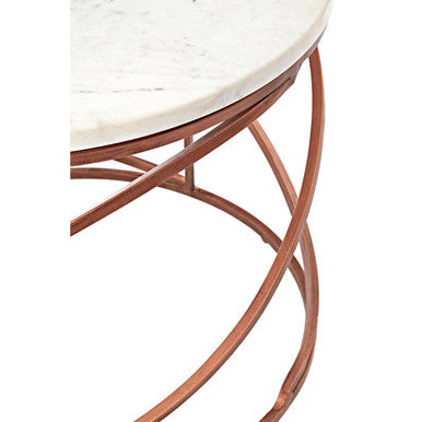 White Veined Marble Round Coffee Table with Copper Tone Zig Zag Iron Frame, Nirav