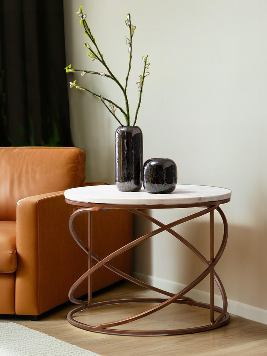 White Veined Marble Round Coffee Table with Copper Tone Zig Zag Iron Frame, Nirav