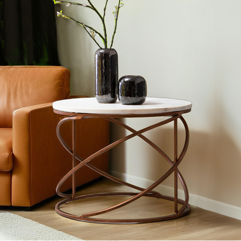 White Veined Marble Round Coffee Table with Copper Tone Zig Zag Iron Frame, Nirav