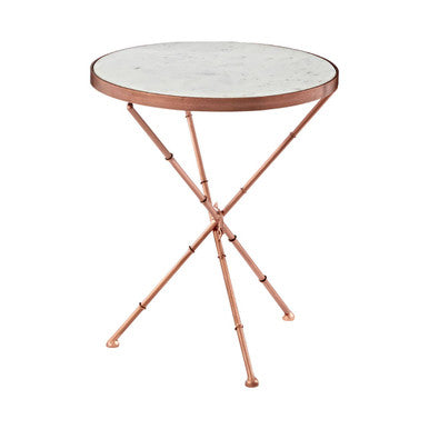 White Marble Top Side Table with Slim Copper Finish Cross Leg , Nirav