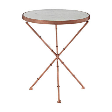 White Marble Top Side Table with Slim Copper Finish Cross Leg , Nirav