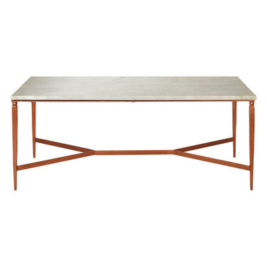 White Marble Top Coffee Table with Warm Copper Tapered Iron Legs, Nirav