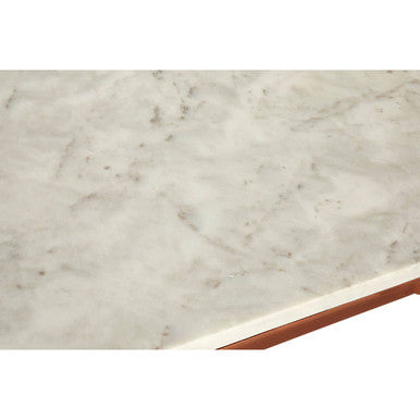 White Marble Top Coffee Table with Warm Copper Tapered Iron Legs, Nirav