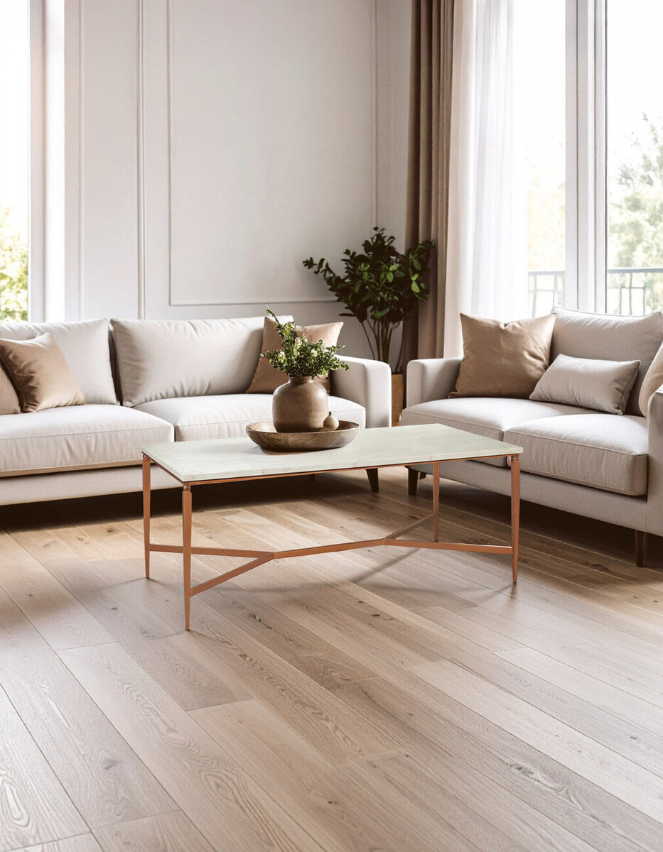 White Marble Top Coffee Table with Warm Copper Tapered Iron Legs, Nirav