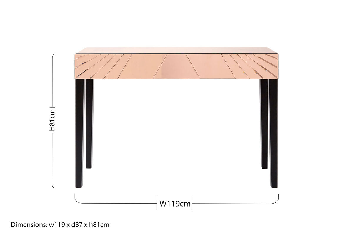 Rose Gold Mirrored Console Table with Sunburst Engraving and Black Legs, Kensington Townhouse