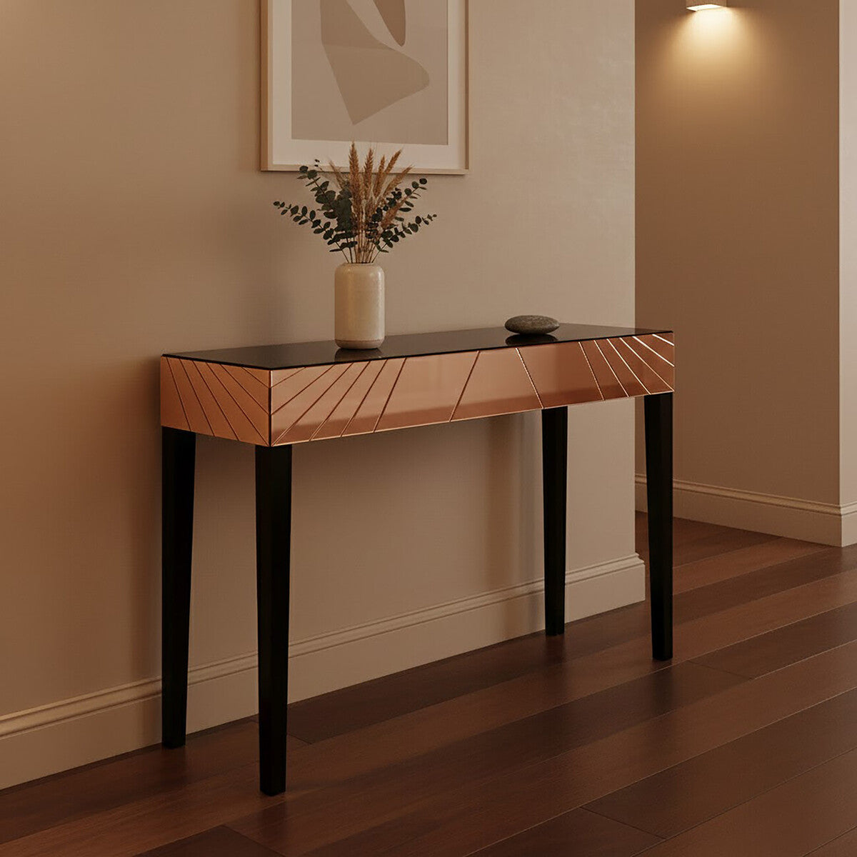 Rose Gold Mirrored Console Table with Sunburst Engraving and Black Legs, Kensington Townhouse
