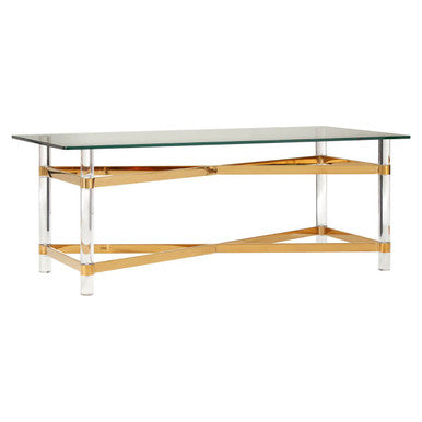 Clear Tempered Glass Coffee Table with Clear Acrylic Legs and Gold Finish Metal Cross Frame, Clarence