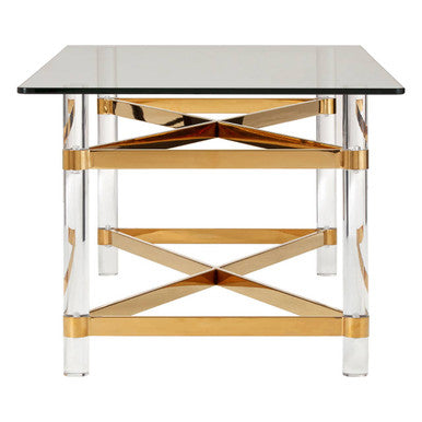 Clear Tempered Glass Coffee Table with Clear Acrylic Legs and Gold Finish Metal Cross Frame, Clarence