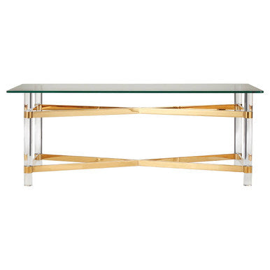 Clear Tempered Glass Coffee Table with Clear Acrylic Legs and Gold Finish Metal Cross Frame, Clarence