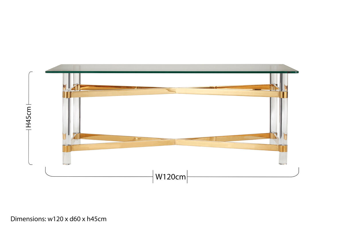 Clear Tempered Glass Coffee Table with Clear Acrylic Legs and Gold Finish Metal Cross Frame, Clarence