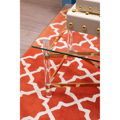 Clear Tempered Glass Coffee Table with Clear Acrylic Legs and Gold Finish Metal Cross Frame, Clarence