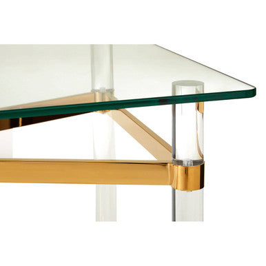 Clear Tempered Glass Coffee Table with Clear Acrylic Legs and Gold Finish Metal Cross Frame, Clarence