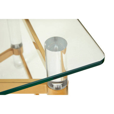 Clear Tempered Glass Coffee Table with Clear Acrylic Legs and Gold Finish Metal Cross Frame, Clarence