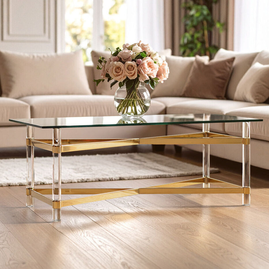 Clear Tempered Glass Coffee Table with Clear Acrylic Legs and Gold Finish Metal Cross Frame, Clarence