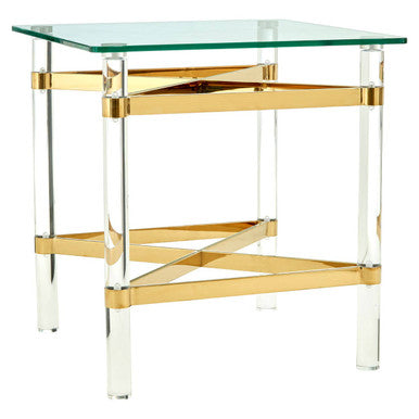 Clear Tempered Glass Side Table with Clear Acrylic Legs and Gold Finish Metal Cross Frame, Clarence