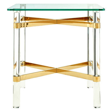 Clear Tempered Glass Side Table with Clear Acrylic Legs and Gold Finish Metal Cross Frame, Clarence