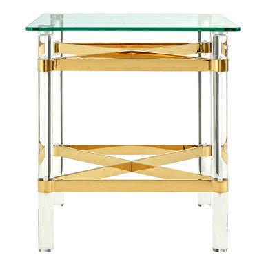 Clear Tempered Glass Side Table with Clear Acrylic Legs and Gold Finish Metal Cross Frame, Clarence