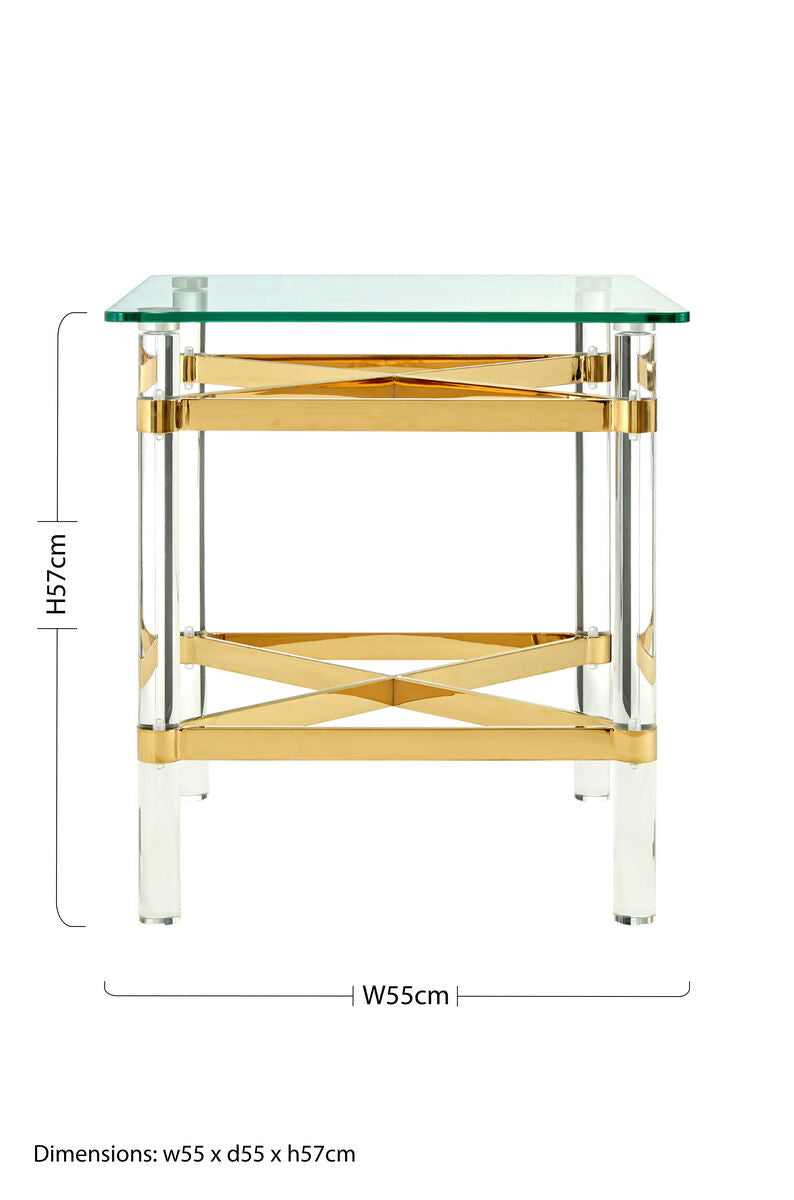 Clear Tempered Glass Side Table with Clear Acrylic Legs and Gold Finish Metal Cross Frame, Clarence