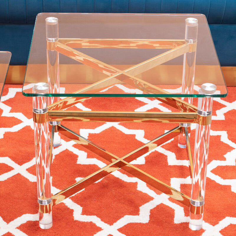 Clear Tempered Glass Side Table with Clear Acrylic Legs and Gold Finish Metal Cross Frame, Clarence