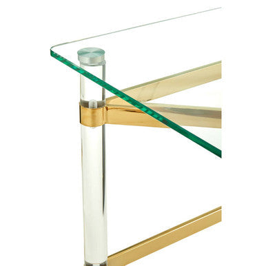 Clear Tempered Glass Side Table with Clear Acrylic Legs and Gold Finish Metal Cross Frame, Clarence
