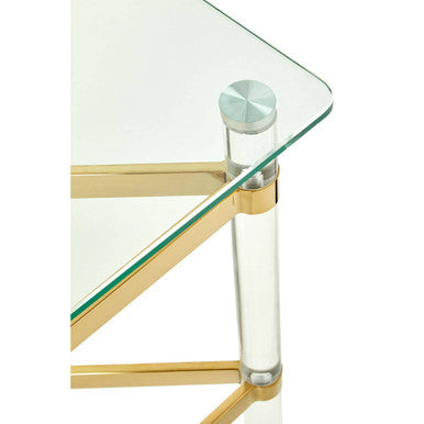 Clear Tempered Glass Side Table with Clear Acrylic Legs and Gold Finish Metal Cross Frame, Clarence