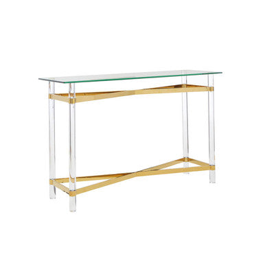 Clear Tempered Glass Console Table with Clear Acrylic Legs and Gold Finish Metal Cross Frame, Clarence
