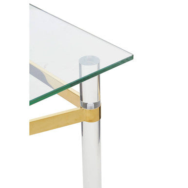 Clear Tempered Glass Console Table with Clear Acrylic Legs and Gold Finish Metal Cross Frame, Clarence