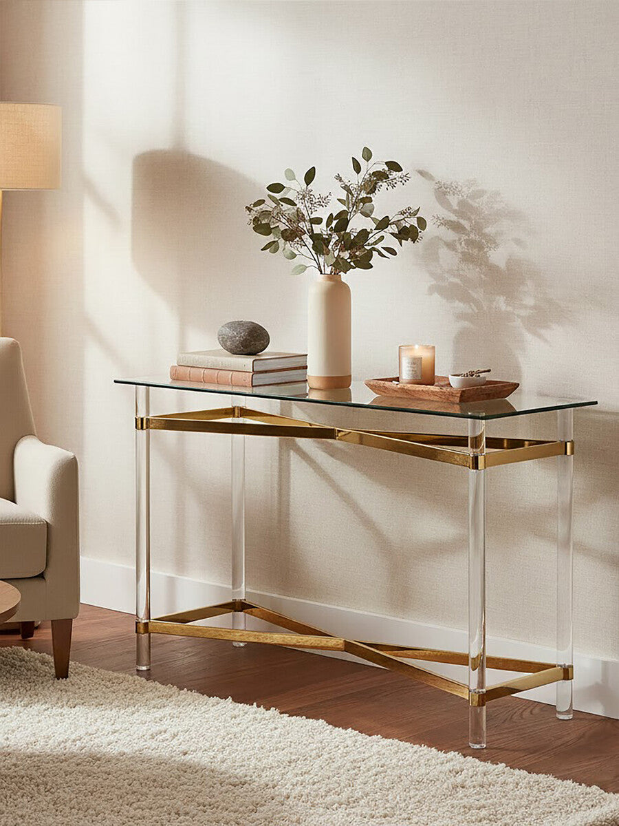 Clear Tempered Glass Console Table with Clear Acrylic Legs and Gold Finish Metal Cross Frame, Clarence