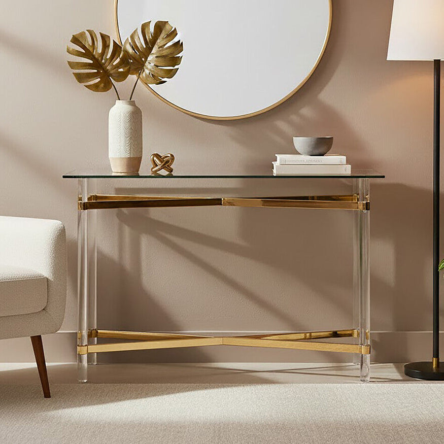 Clear Tempered Glass Console Table with Clear Acrylic Legs and Gold Finish Metal Cross Frame, Clarence