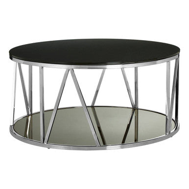 Round Chrome Finish Stainless Steel Base Coffee Table with Black Tempered Glass Top, Alvaro