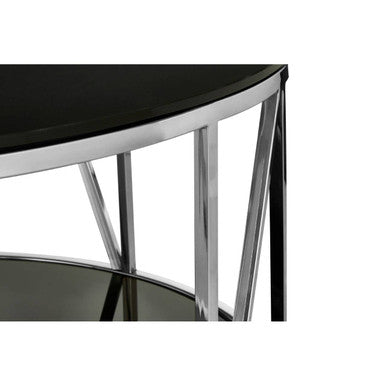 Round Chrome Finish Stainless Steel Base Coffee Table with Black Tempered Glass Top, Alvaro