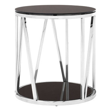 Black Tempered Glass Round Side Table with Chrome Reflective Stainless Steel Base, Alvaro
